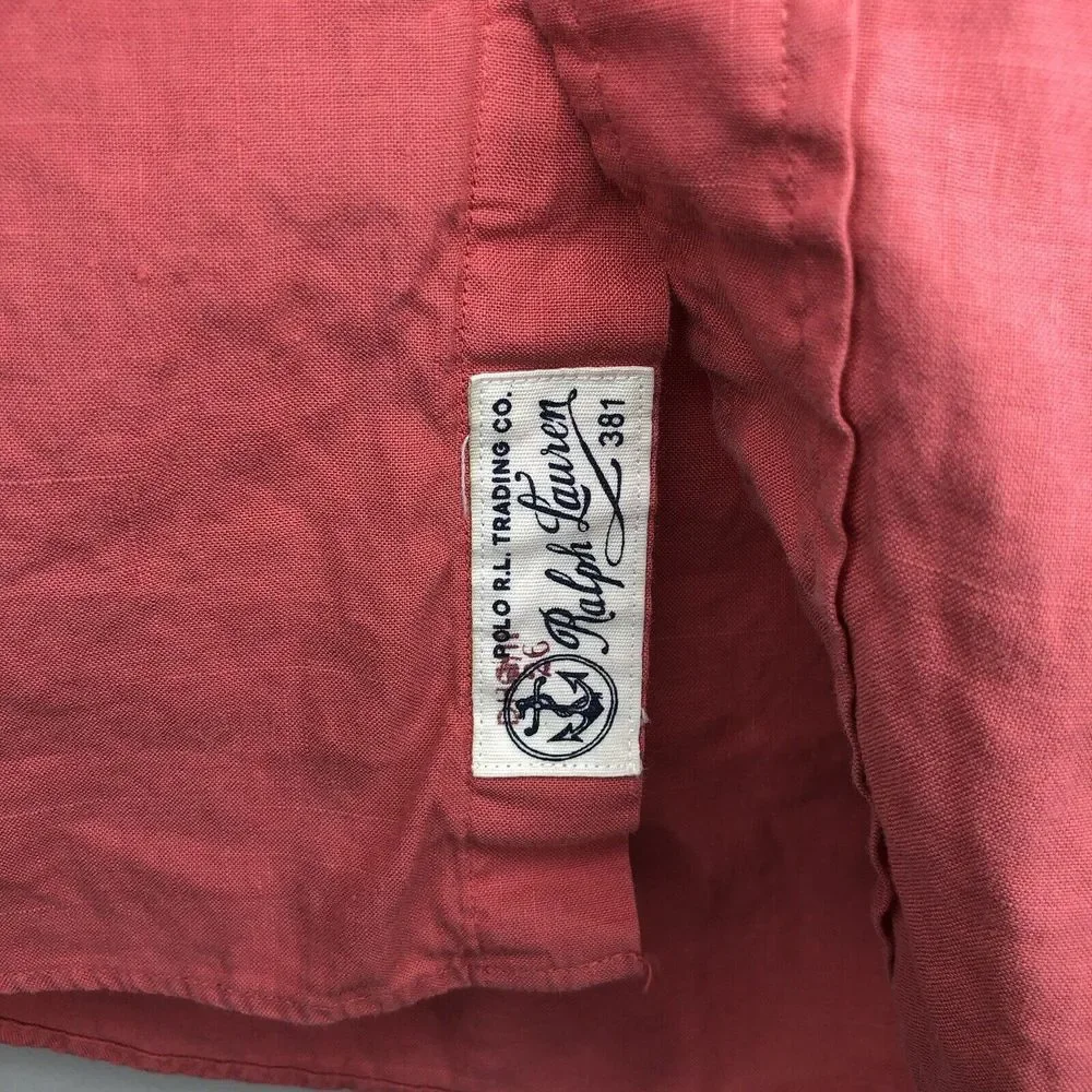 Ralph Lauren Men's Large Salmon Pink Linen Pockets‎ Button Down Casual Shirt